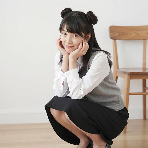 Asian Woman Squatting in Bright Room