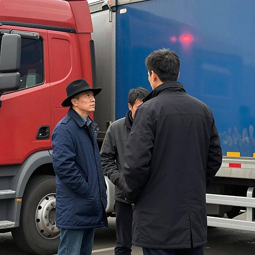 Three men standing near red truck and blue trailer