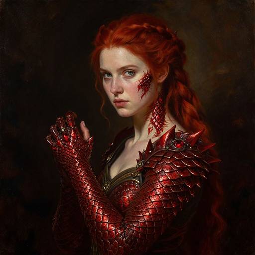Digital painting of a pale-skinned, red-haired woman with dragon-scale armor, dark background, red markings on face, intense gaze, and intricate red