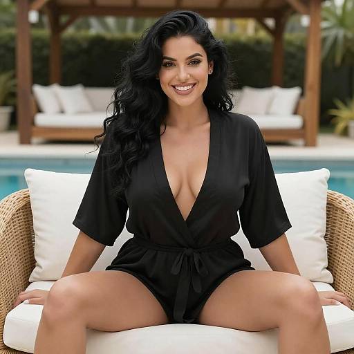 Smiling Woman by Pool in Black Robe