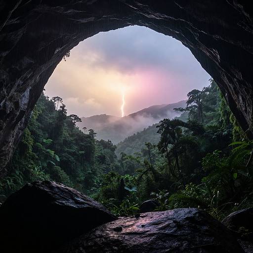 Photograph of a sunlit, misty jungle landscape viewed through a dark, rocky cave opening, showcasing vibrant greenery and a glowing, pink-