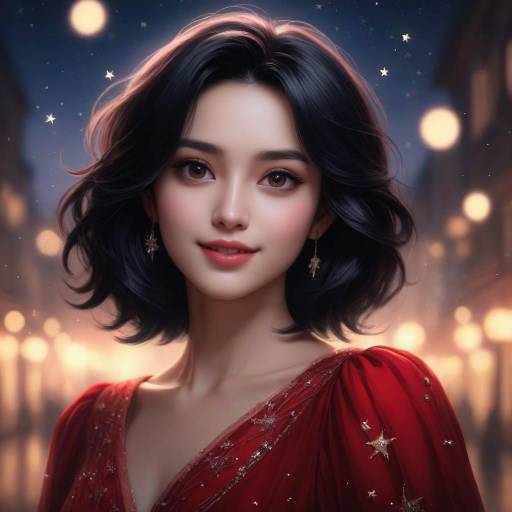 Portrait of Woman in Red Dress with Twinkling Stars