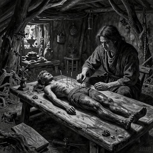 Monochromatic digital art: long-haired man with beard, wearing dark robes, tattoos, performs ritual on muscular, shirtless, bound man on wooden