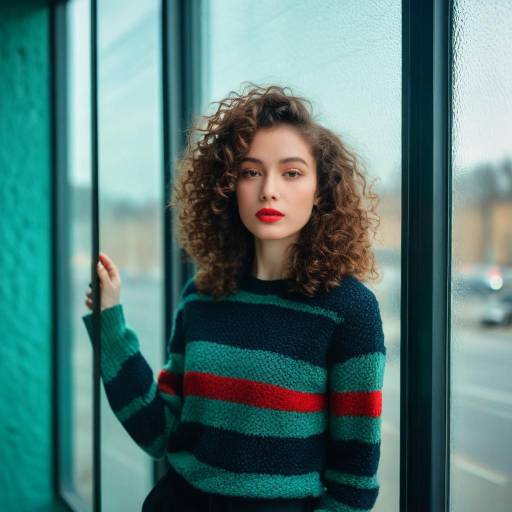 Curly Woman in Striped Sweater by Window