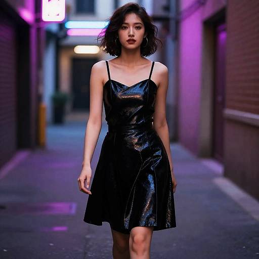 Photograph of an Asian woman with short, wavy black hair, wearing a shiny black sleeveless dress, walking down a narrow, neon-lit