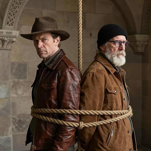 Men Bound in Dimly Lit Stone Room