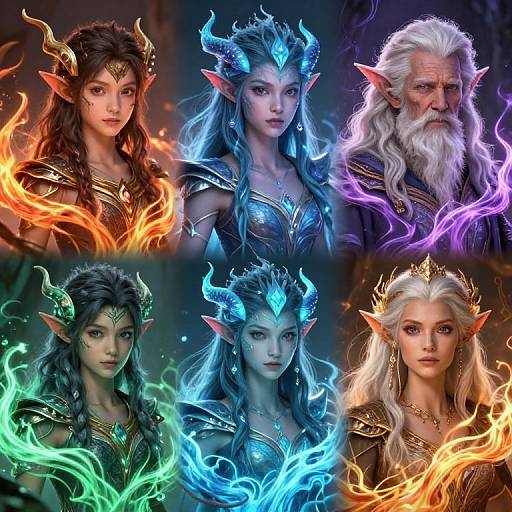 Digital artwork of six fantastical elves with glowing horns and armor, surrounded by colorful fire effects, featuring three women and three men.