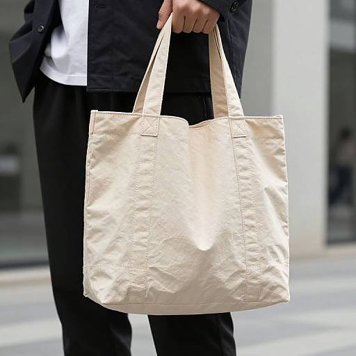Photograph of a person in a black suit holding a plain, beige canvas tote bag with two handles, standing on a city street.