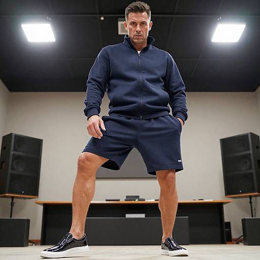 Photograph of a muscular man in a navy tracksuit with shorts, black sneakers, standing confidently in a modern, lit room.