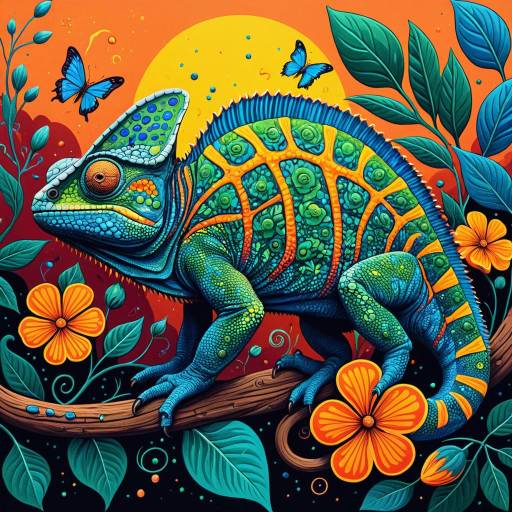 Vibrant Surreal Chameleon with Butterflies