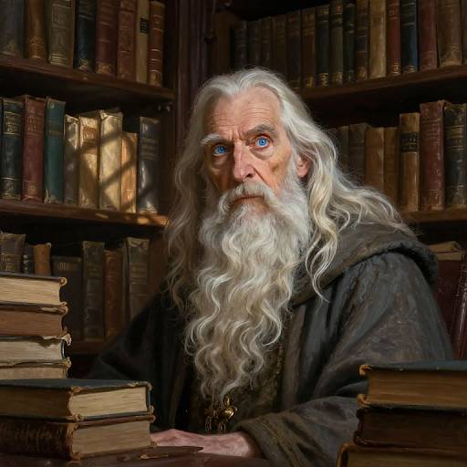 Photograph-style digital artwork of an elderly wizard with a long white beard, blue eyes, and dark robe, surrounded by old books.