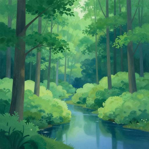 Digital painting of a serene forest with a reflective, winding blue stream, lush green foliage, and tall trees bathed in sunlight.
