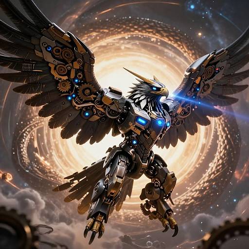 Digital artwork of a robotic, winged angel with glowing blue eyes and mechanical feathers, soaring through a swirling, radiant cosmic background.