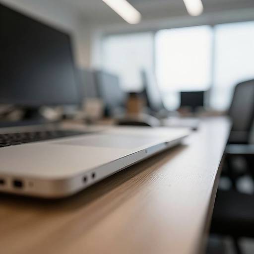 Close-up photograph of a silver laptop on a wooden desk in a brightly lit office, with blurred computer monitors and office chairs in the background.