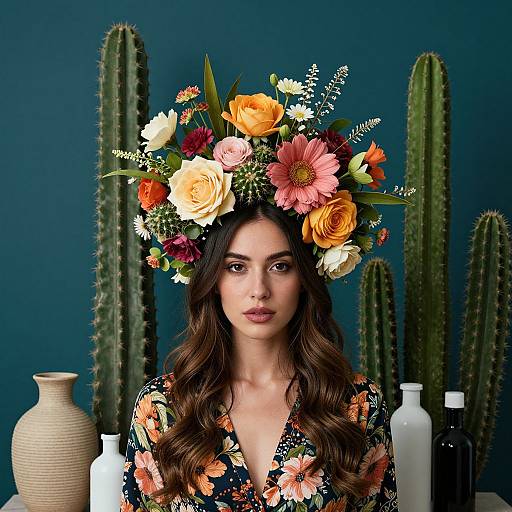 Photograph of a woman with long, wavy brown hair, wearing a floral headpiece and matching dress, against a blue background with cacti