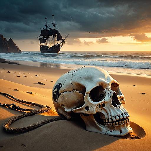 Pirate Skull on Sandy Beach with Ship at Dawn