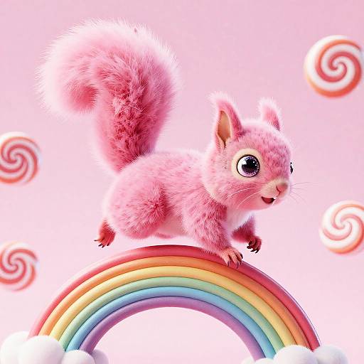 Cute pink squirrel with large eyes and fluffy tail perches on a rainbow against a pink background with swirling candies. Digital illustration.