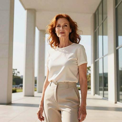 Photograph of an elegant older woman with red hair, wearing a white top and beige pants, standing in a sunlit modern architectural setting.