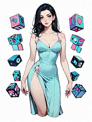 Anime Woman in Satin Slip Dress with Floating Cubes