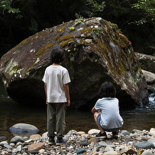 Children by the River with Mossy Rock