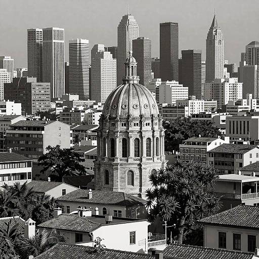 Black-and-white photograph of a cityscape featuring a prominent domed church in the foreground, surrounded by various buildings, and modern skyscrapers in the