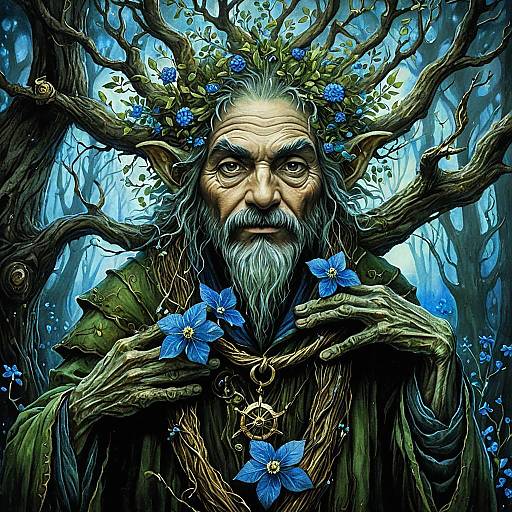 Anthropomorphic Tree Spirit with Blue Flowers