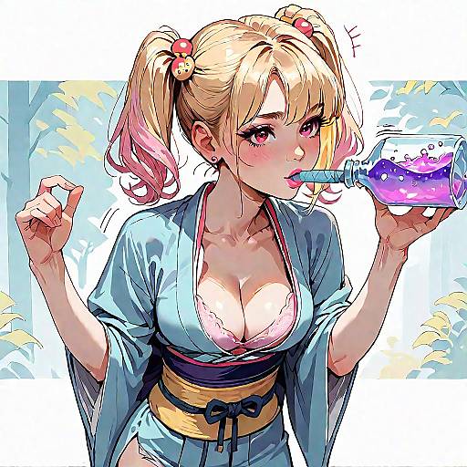 Anime Girl Chugging Potion in Kimono