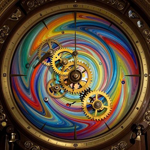 Vibrant, swirling, multicolored clock face with gold gears and ornate frame, blending abstract art with steampunk elements. Digital artwork