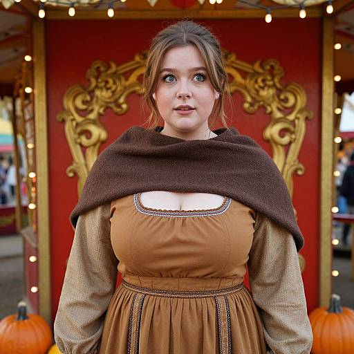 Photograph of a fair-skinned woman with brown hair in a medieval-style brown dress and dark brown cloak, standing in front of an ornate,