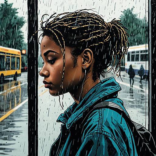 Thoughtful Teen Girl at Bus Stop in Rain