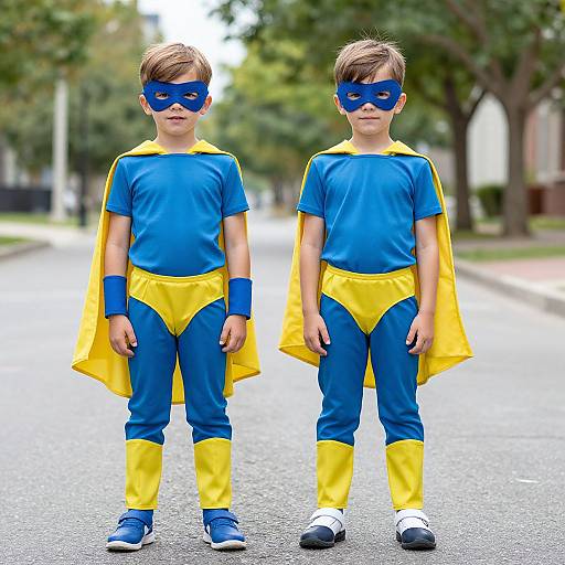 Photograph of two young boys dressed as superheroes, wearing blue and yellow costumes, blue masks, and capes, standing on a suburban street.