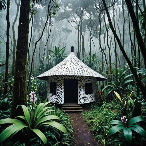 Spotted Aboriginal Hut in Misty Jungle Clearing