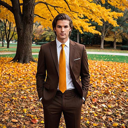 Young Man in Brown Suit Standing in Autumn Park