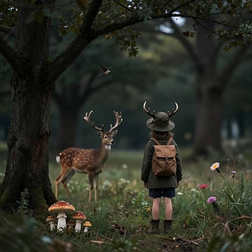 Child in Forest with Deer and Bird
