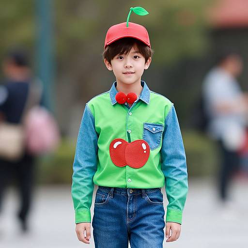 Photograph of a young boy in a bright green and blue shirt, red cherry hat, matching red cherry pendant, and blue jeans, standing outdoors with