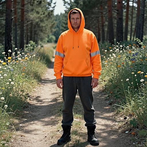 Photograph of a bearded man in an orange hoodie with gray pants, standing on a sunlit forest path lined with wildflowers.