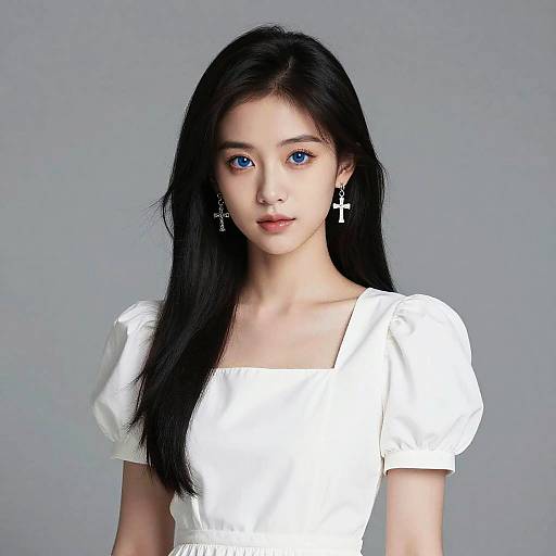 Portrait of Woman with Blue Eyes in White Dress