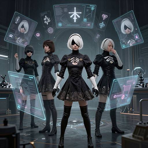Digital art of four Nier: Automata characters in black dresses with white accents, futuristic room, holographic screens, and glowing blue interfaces.