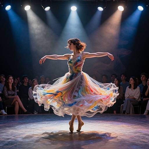 Photograph of a female dancer in a colorful, flowing dress performing under bright stage lights, with an audience seated in the background.