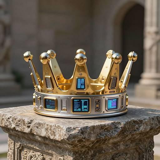 Photograph of a gold crown with blue LED accents, resting on a textured stone pedestal against a blurred architectural background.