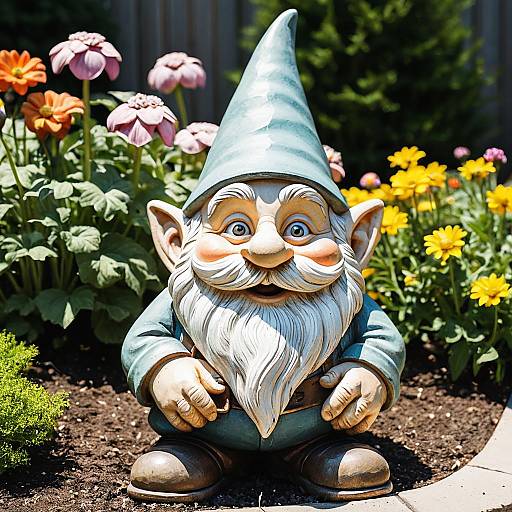 Friendly Garden Gnome Statue in Flower Bed