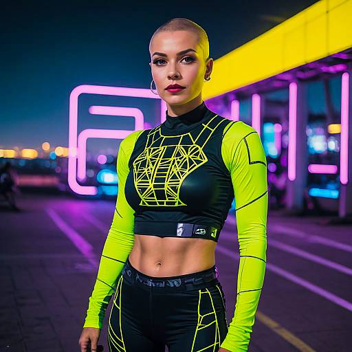 Cyberpunk Woman in Neon Yellow Rave Outfit