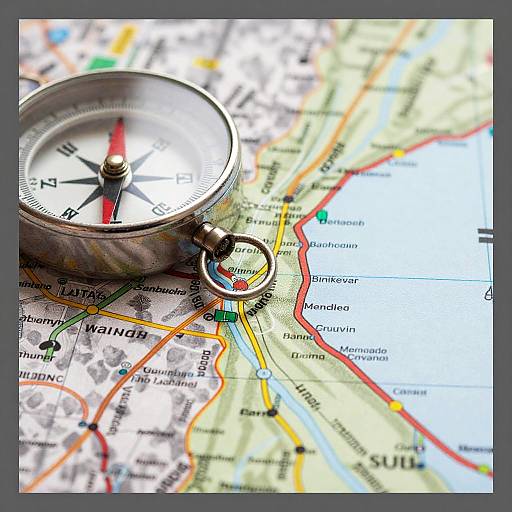 Silver Compass on Colorful Road Map