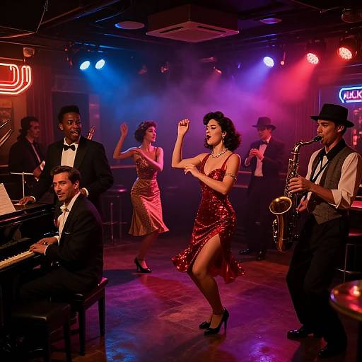 Photograph of a lively jazz performance: a dancing woman in a red sequin dress, surrounded by musicians in suits and hats, under colorful stage lights