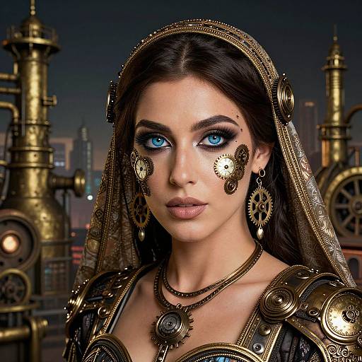 Cyberpunk steampunk portrait of a woman with blue eyes, dark hair, and intricate gold mechanical headgear and jewelry, set against a industrial