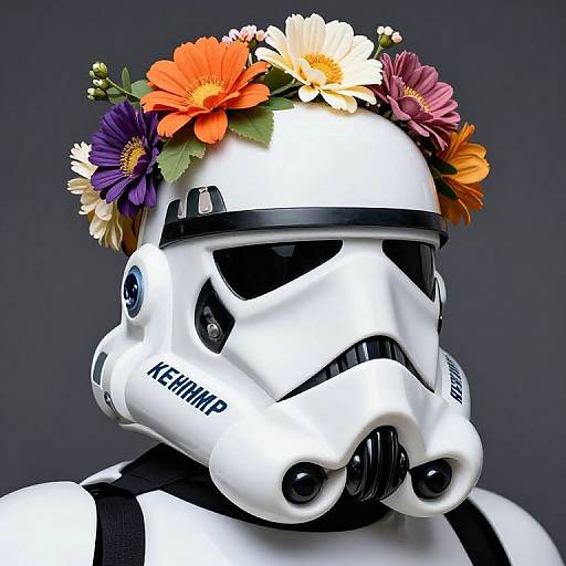 Photograph of a white Stormtrooper helmet adorned with a colorful flower crown featuring orange, purple, yellow, and pink flowers. Dark gray background.