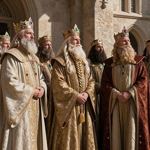 Photograph of five elderly, bearded men in ornate gold and brown royal robes with jeweled crowns, standing in front of a stone castle