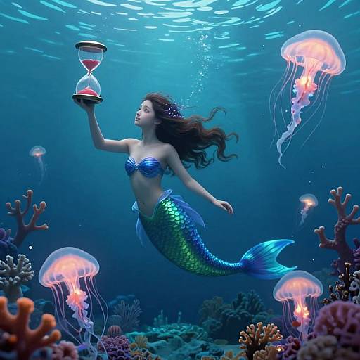 Mermaid Holding Hourglass Underwater