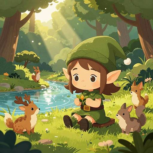Elf Girl Playing with Woodland Animals