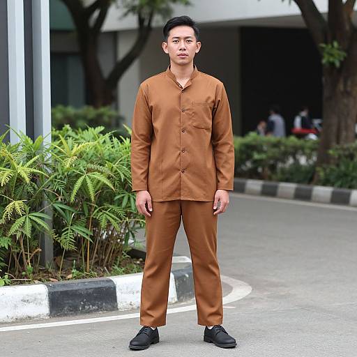 Photograph of an Asian man with short black hair, wearing a brown button-up shirt and pants, black shoes, standing on a curved street with green